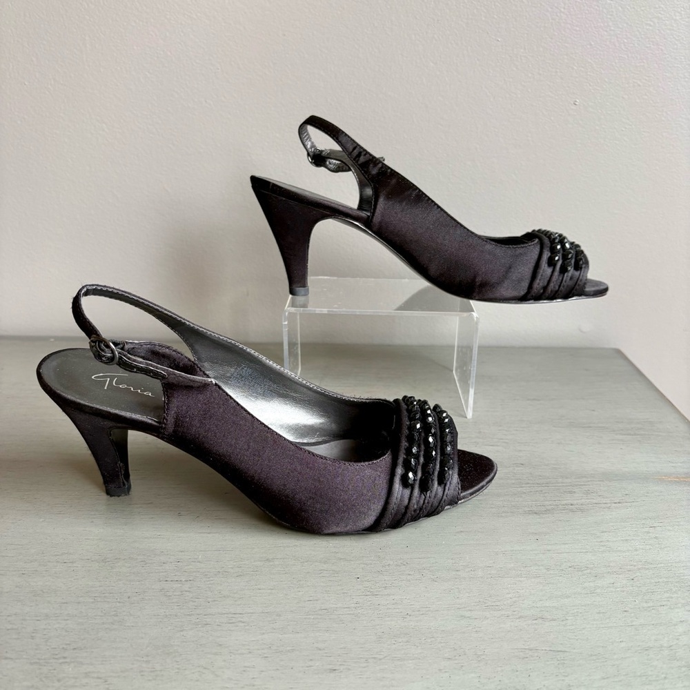 Gloria Vanderbilt Sling Back Satin Beaded Peep Toe Heels Shoes Women 7.5W Black - Picture 11 of 15